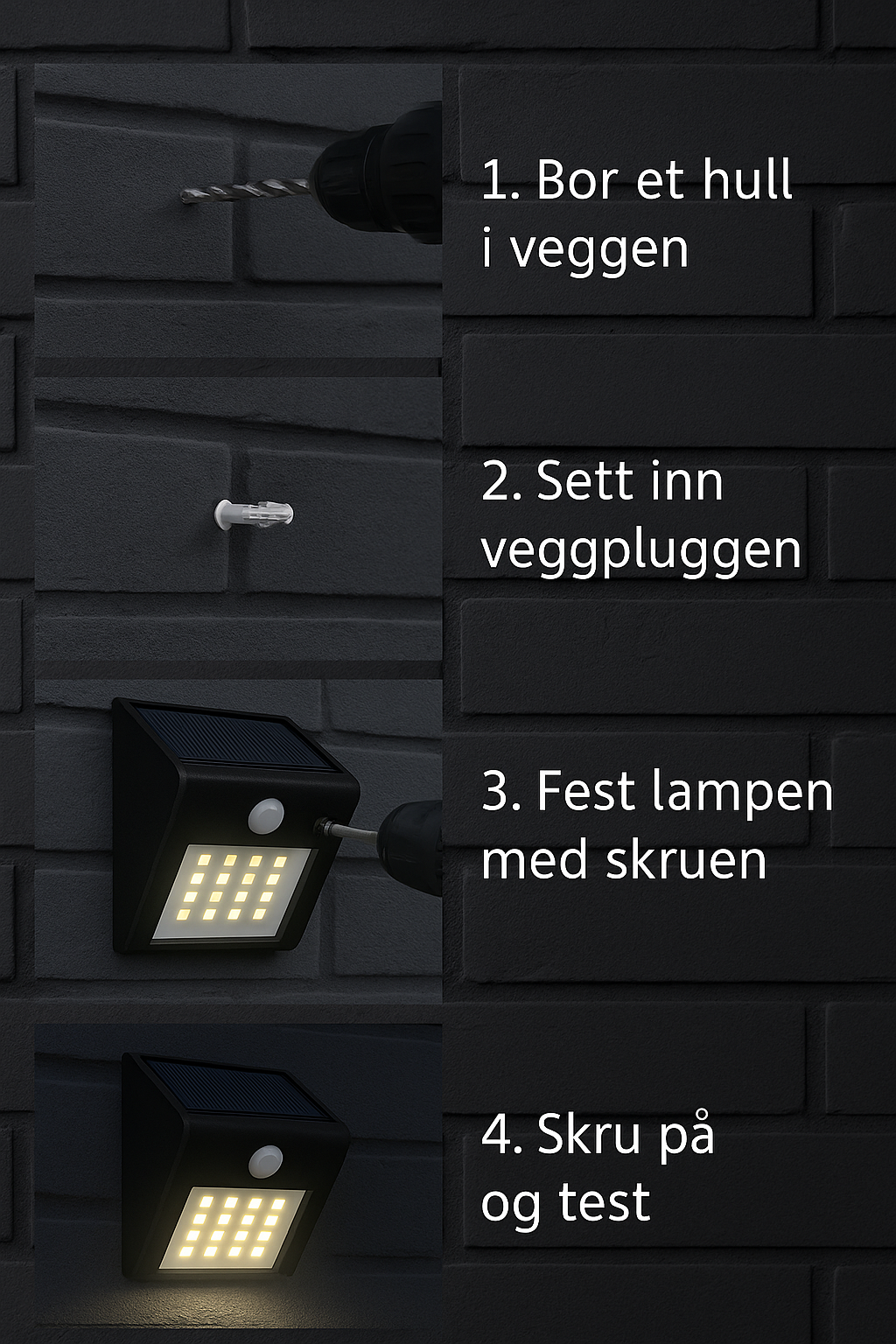 Solcelledrevet LED utelampe med bevegelsessensor