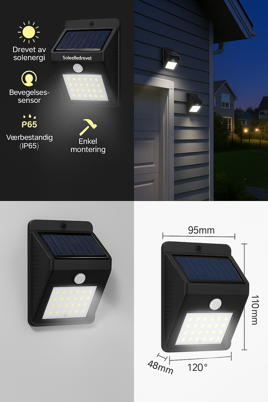 Solcelledrevet LED utelampe med bevegelsessensor